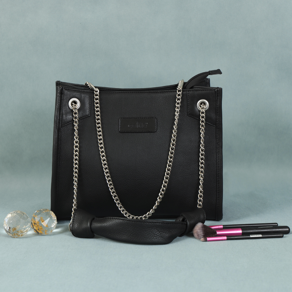 Premium Leather Chain Handle Tote Bag with Zipper Closure