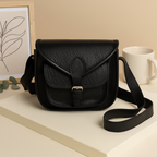 Black Wrinkle-Texture Leather Sling bag with Front Pocket & Adjustable Strap