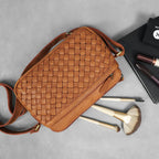 Premium Handwoven Leather Crossbody Bag with Adjustable Strap & Zip Compartments