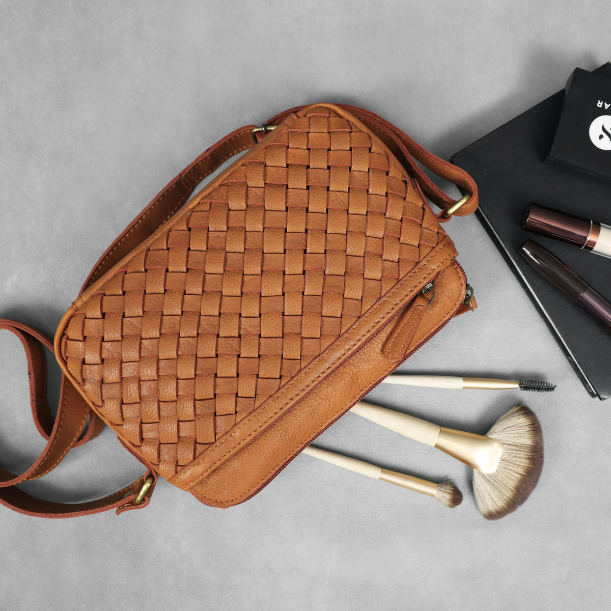 Premium Handwoven Leather Crossbody Bag with Adjustable Strap & Zip Compartments