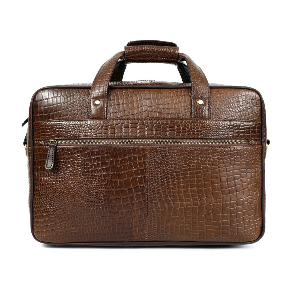 Premium Croc-Embossed Leather Office Laptop Bag with Multiple Zip Pockets & Strap