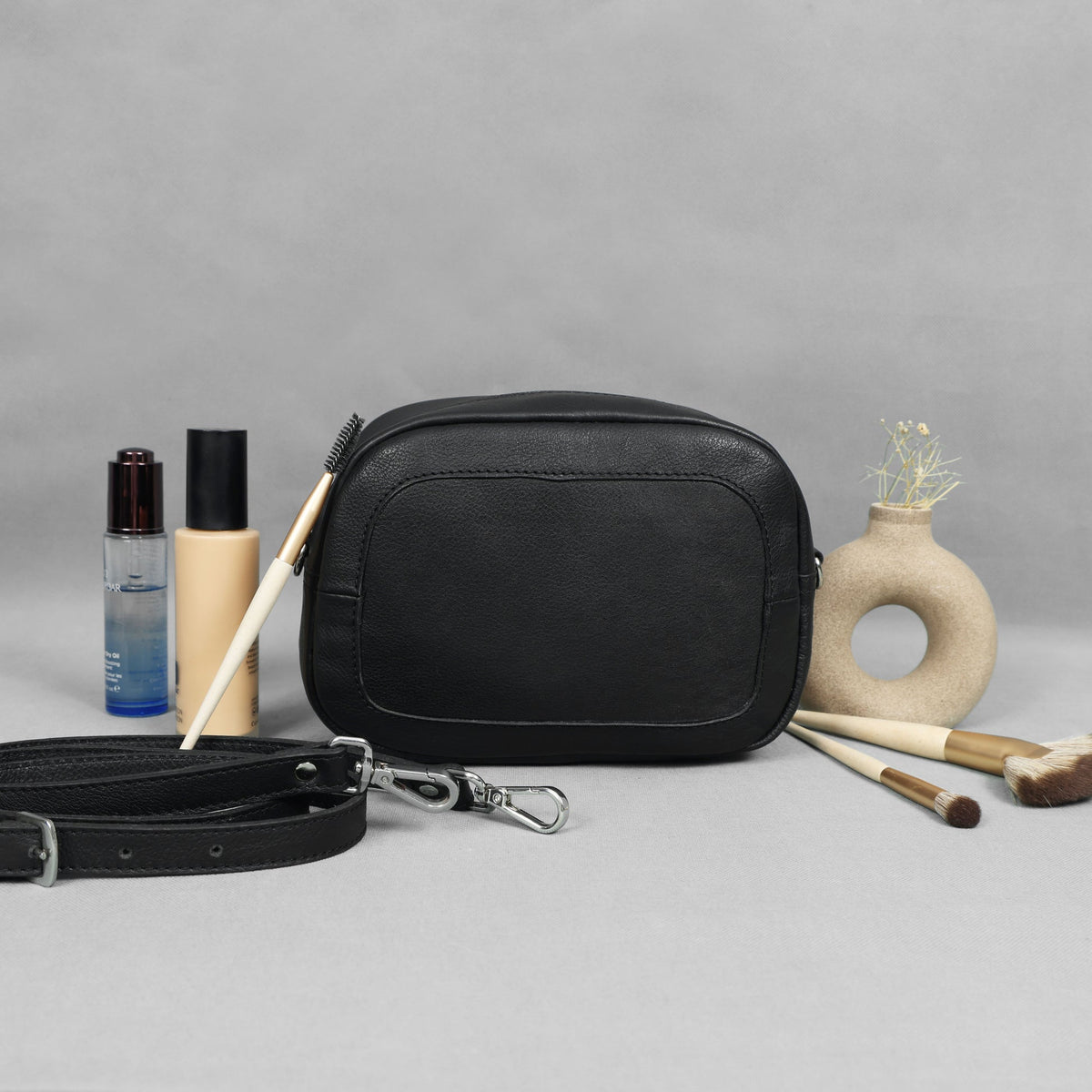 Premium Black Leather Compact Crossbody Bag with Adjustable Strap & Zip Compartments