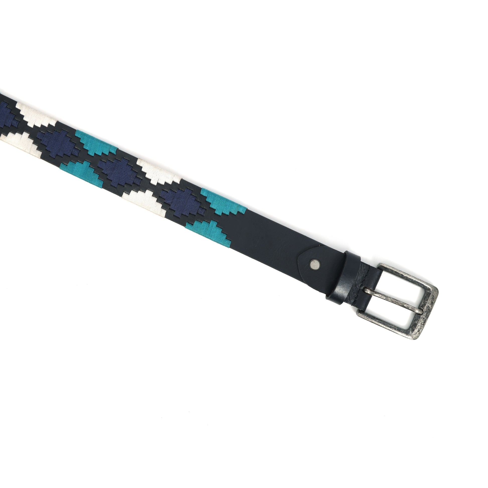 Unisex Handcrafted Leather Belt With Geometric Woven Panel And Vintage Metal Buckle