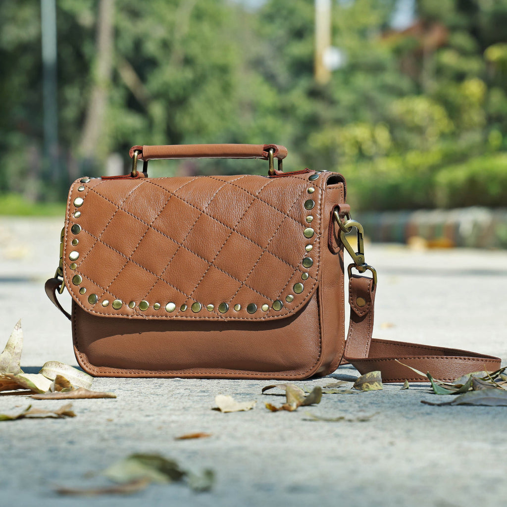 Premium  Quilted Leather Crossbody Bag with Stud Detail, Zip Pocket & Detachable Strap