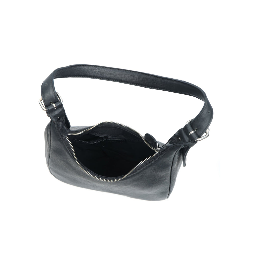 Premium Black Leather Shoulder Bag with Adjustable Strap & Secure Zip Pockets