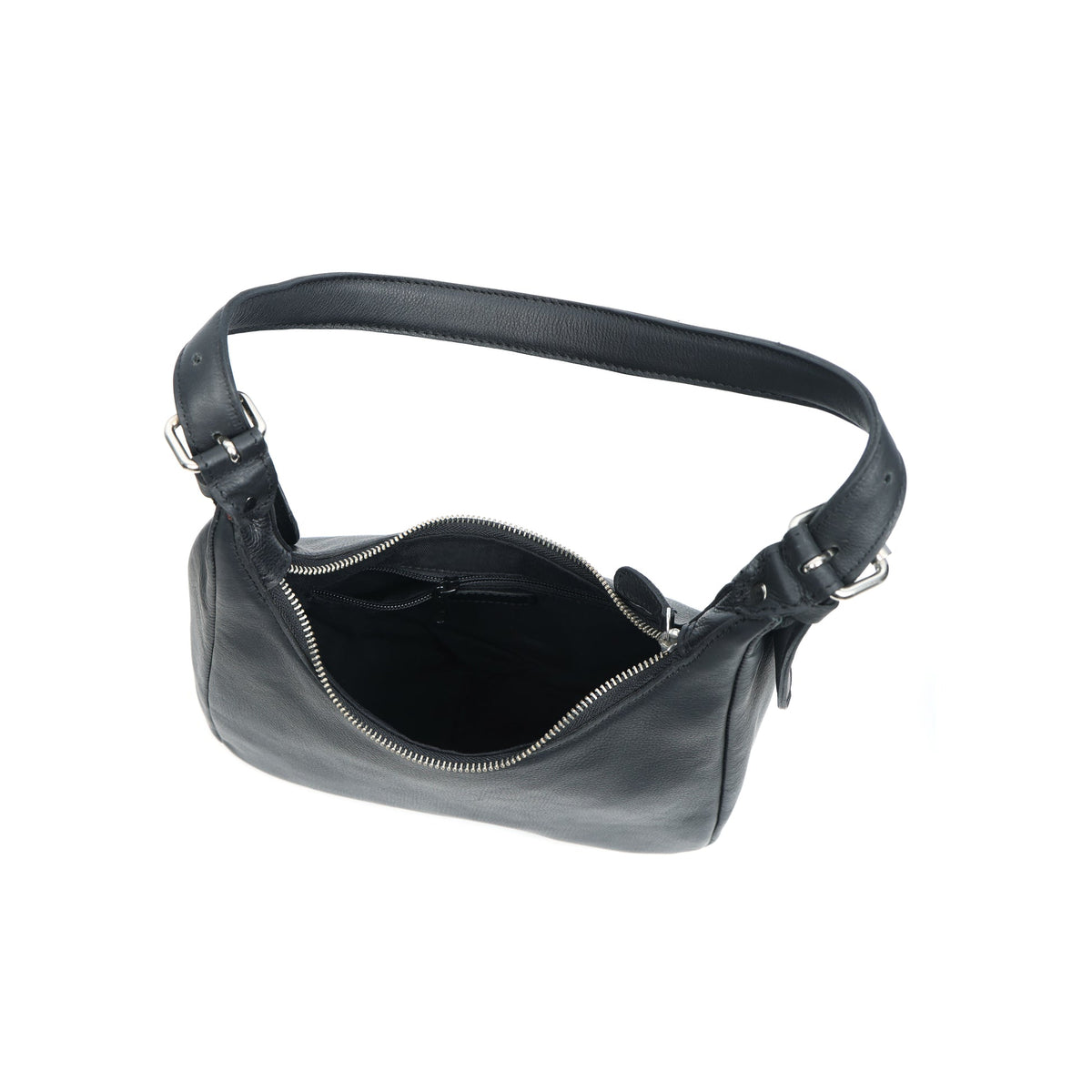 Premium Black Leather Shoulder Bag with Adjustable Strap & Secure Zip Pockets