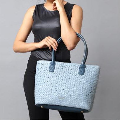 Sky Blue Textured Woven Structured Tote Bag