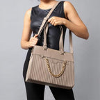 Taupe Quilted Chain Accent Structured Tote Bag