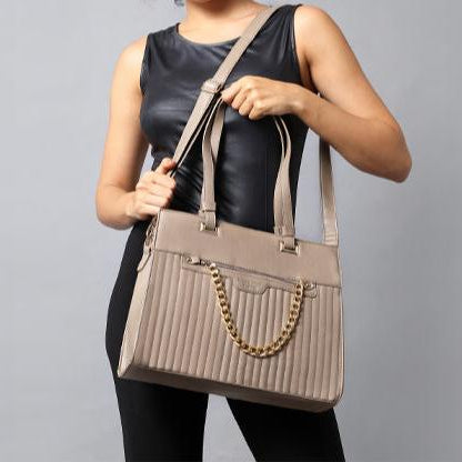 Taupe Quilted Chain Accent Structured Tote Bag