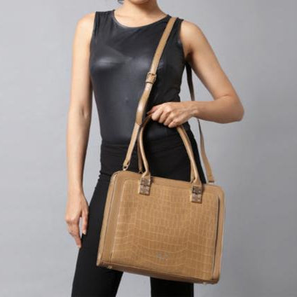 Tan Croc-Texture Structured Shoulder tote Bag