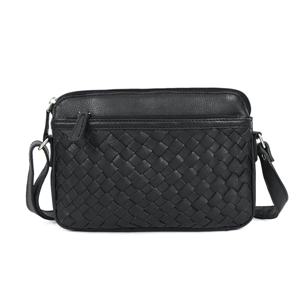 Premium Black Handwoven Leather Crossbody Bag with Adjustable Strap & Zip Compartments
