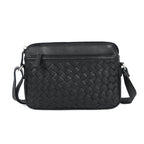 Premium Black Handwoven Leather Crossbody Bag with Adjustable Strap & Zip Compartments