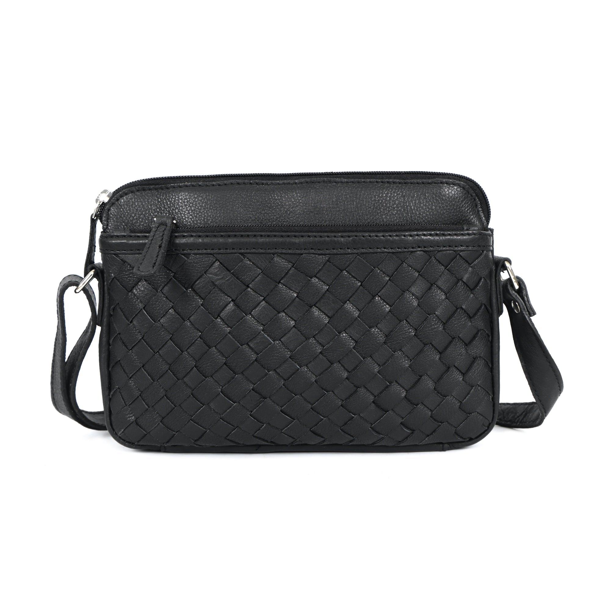 Premium Black Handwoven Leather Crossbody Bag with Adjustable Strap & Zip Compartments