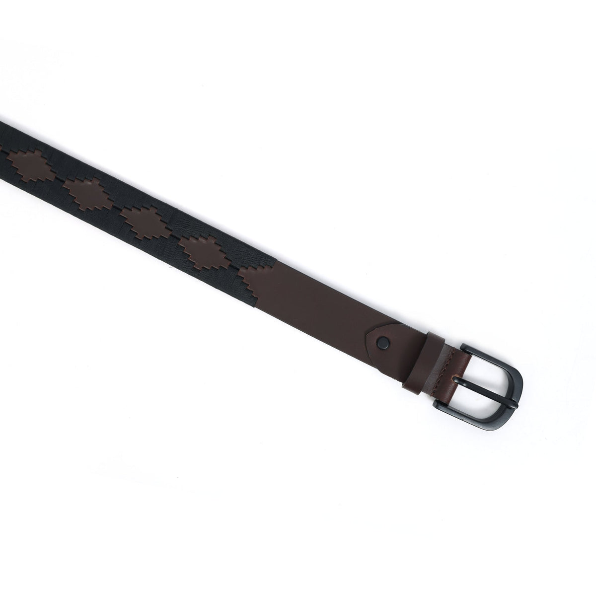 Unisex Handcrafted Leather Fabric Belt With Geometric Pattern Matte Black Buckle.