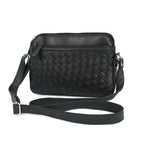 Premium Black Handwoven Leather Crossbody Bag with Adjustable Strap & Zip Compartments