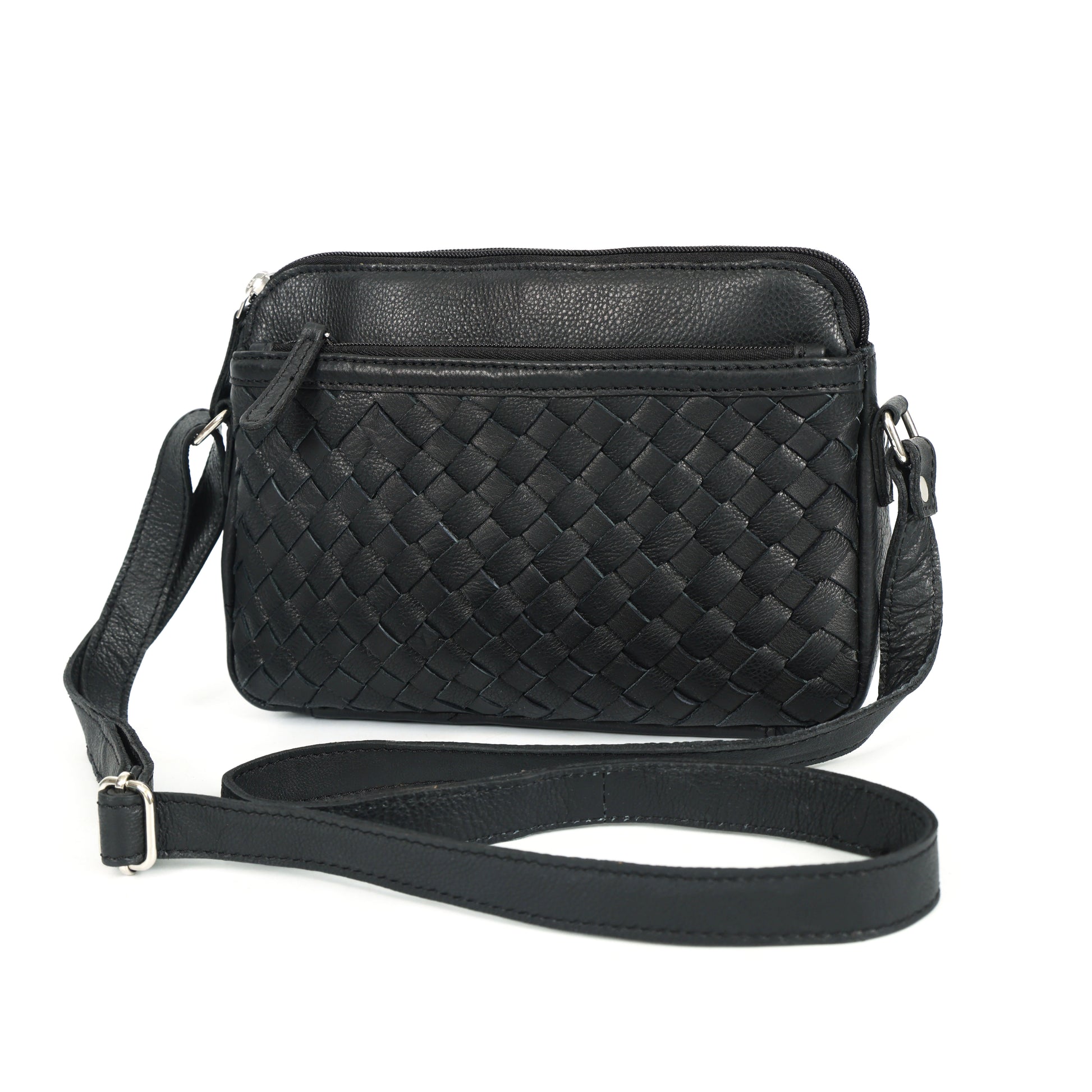 Premium Black Handwoven Leather Crossbody Bag with Adjustable Strap & Zip Compartments