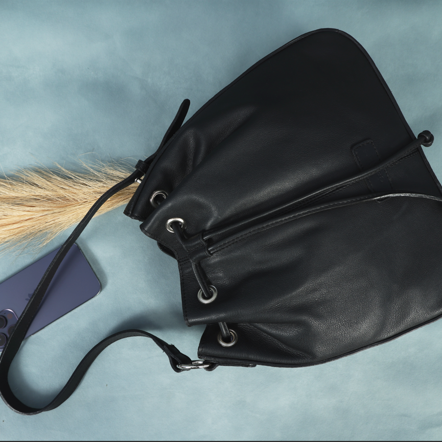 Genuine Leather Drawstring Shoulder Bag | Spacious Tote with Secure Closure