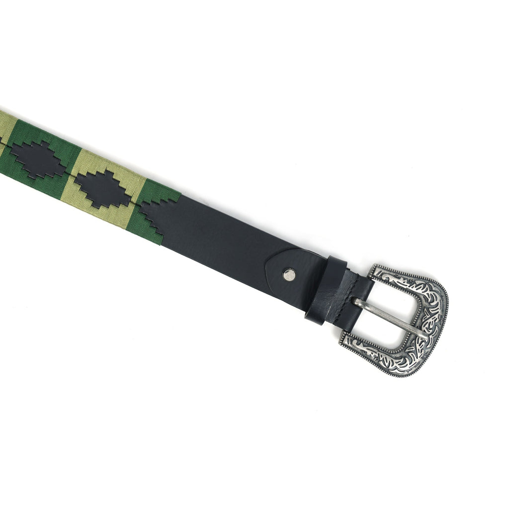 Unisex Handcrafted Leather Belt With Green Geometric Woven Strap Antique Silver Buckle