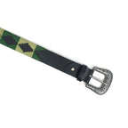 Unisex Handcrafted Leather Belt With Green Geometric Woven Strap Antique Silver Buckle