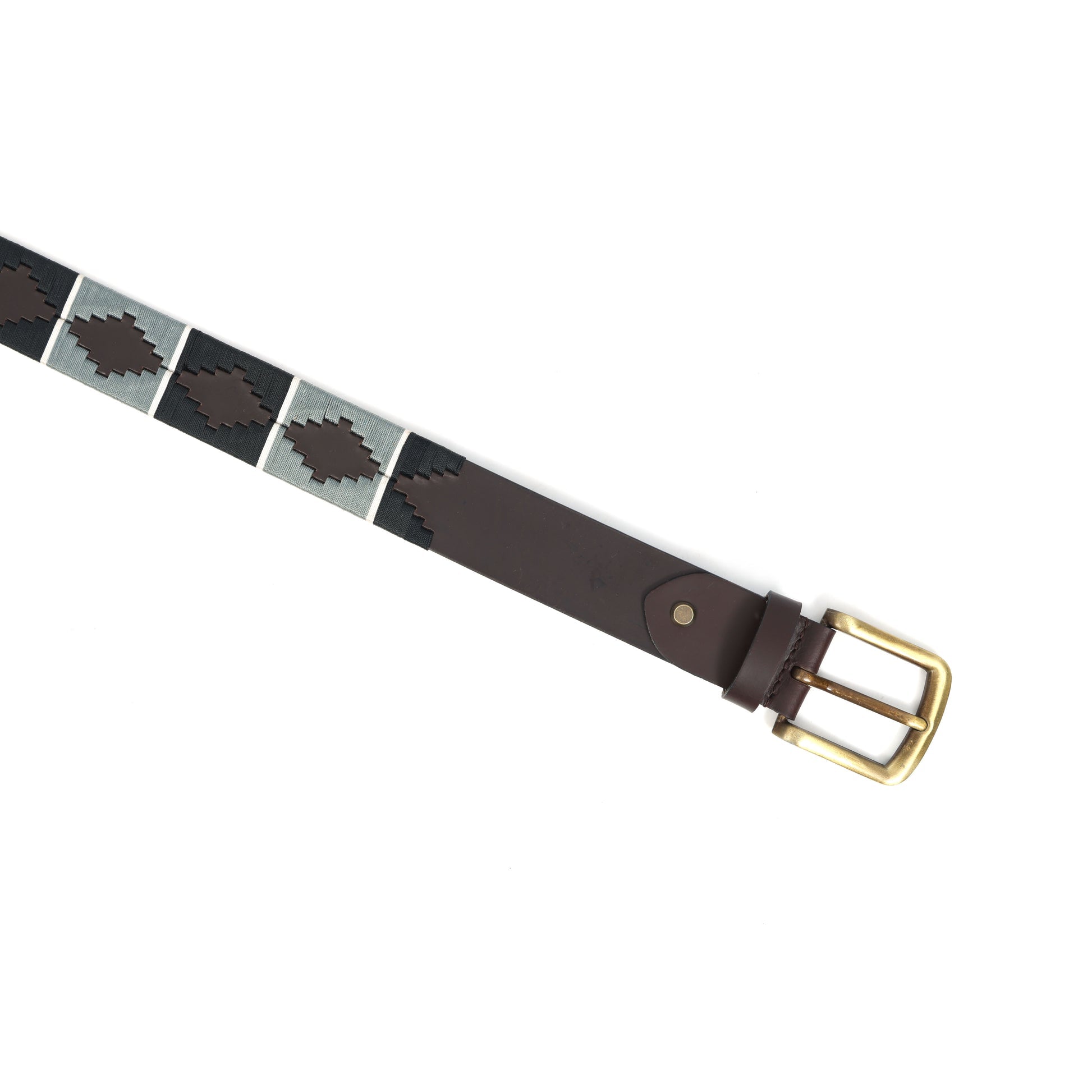 Unisex Handcrafted Brown Leather Belt With Grey Woven Inlay And Vintage Brass Buckle