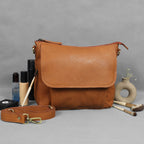 Premium Tan Leather Crossbody Messenger Bag with Multiple Zip Pockets & Adjustable Strap