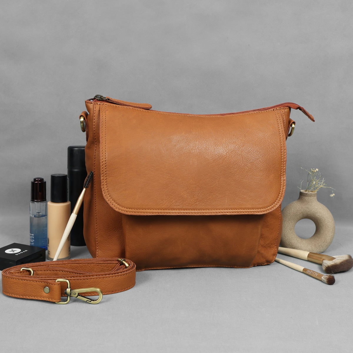 Premium Tan Leather Crossbody Messenger Bag with Multiple Zip Pockets & Adjustable Strap