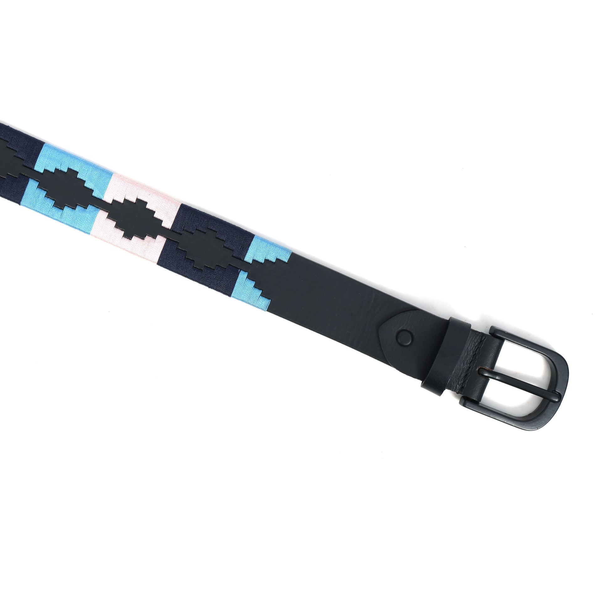 Unisex Handcrafted Leather Belt With Geometric Woven Fabric Accent And Vintage Metal Buckle