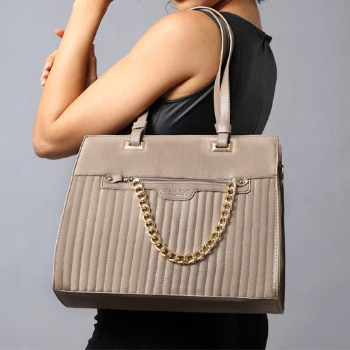 Taupe Quilted Chain Accent Structured Tote Bag