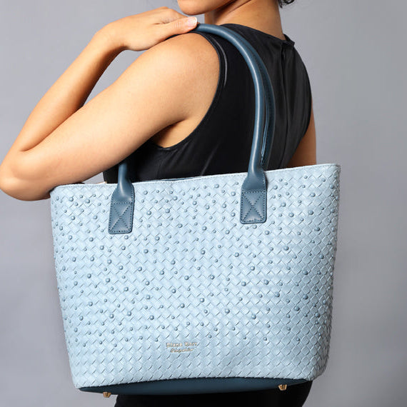Sky Blue Textured Woven Structured Tote Bag