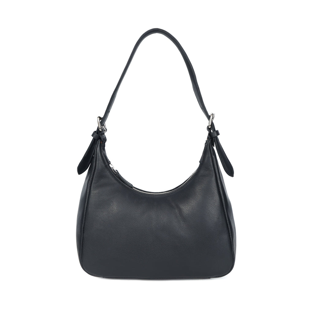 Premium Black Leather Shoulder Bag with Adjustable Strap & Secure Zip Pockets
