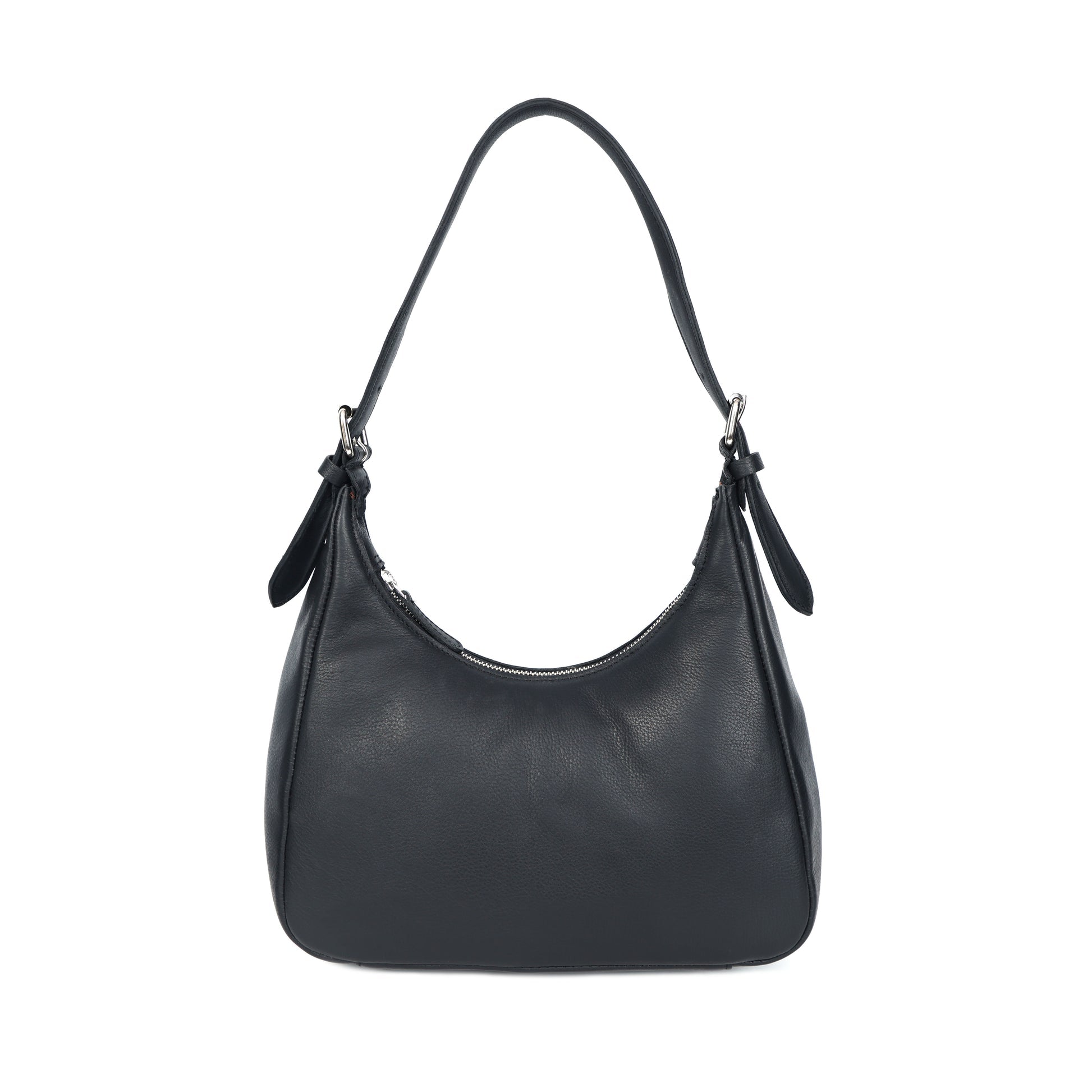 Premium Black Leather Shoulder Bag with Adjustable Strap & Secure Zip Pockets