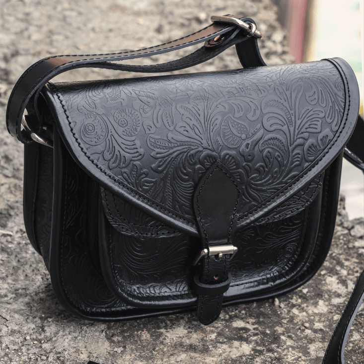 Vintage Embossed Leather Sling Bag with Buckle Flap & Front Pocket