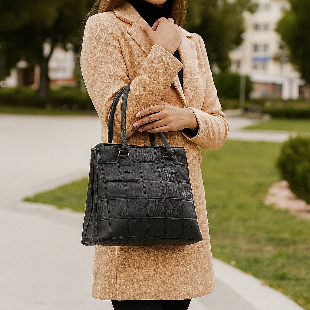 Women Black Leather Tote Bag with Patchwork Design and Spacious Interior