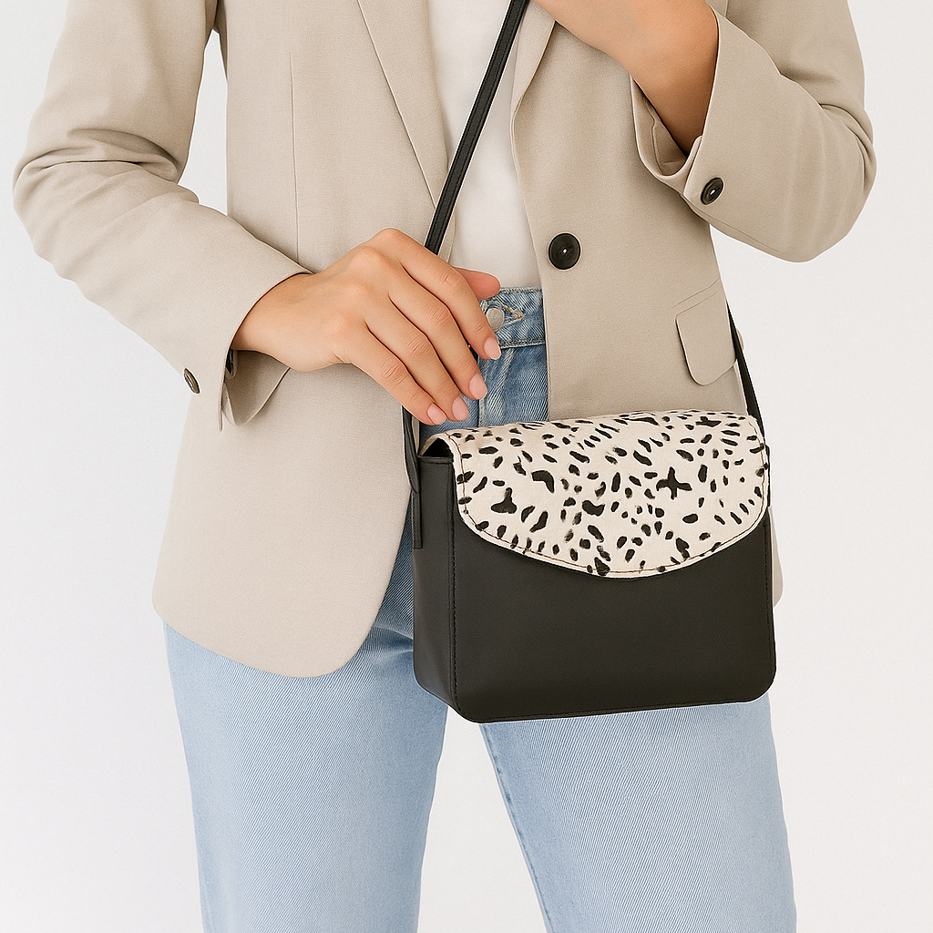Black Crossbody Sling Bag with Printed Hair Flap – Minimal & Stylish Everyday Sling