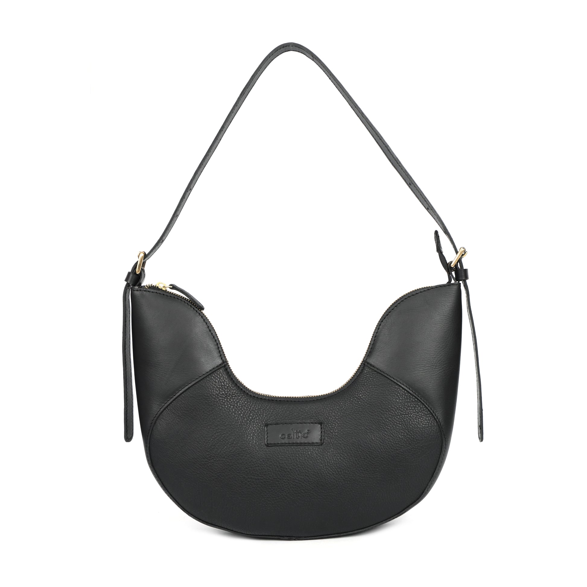 Premium Black Leather Hobo Shoulder Bag with Adjustable Strap & Zip Closure