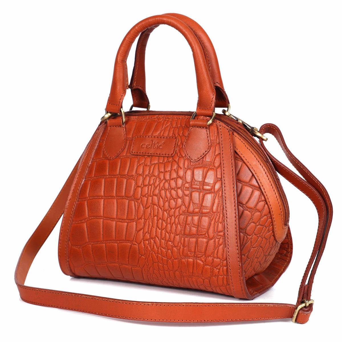 Premium Textured Leather Dome Satchel with Dual Handles, Detachable Strap & Zip Pockets