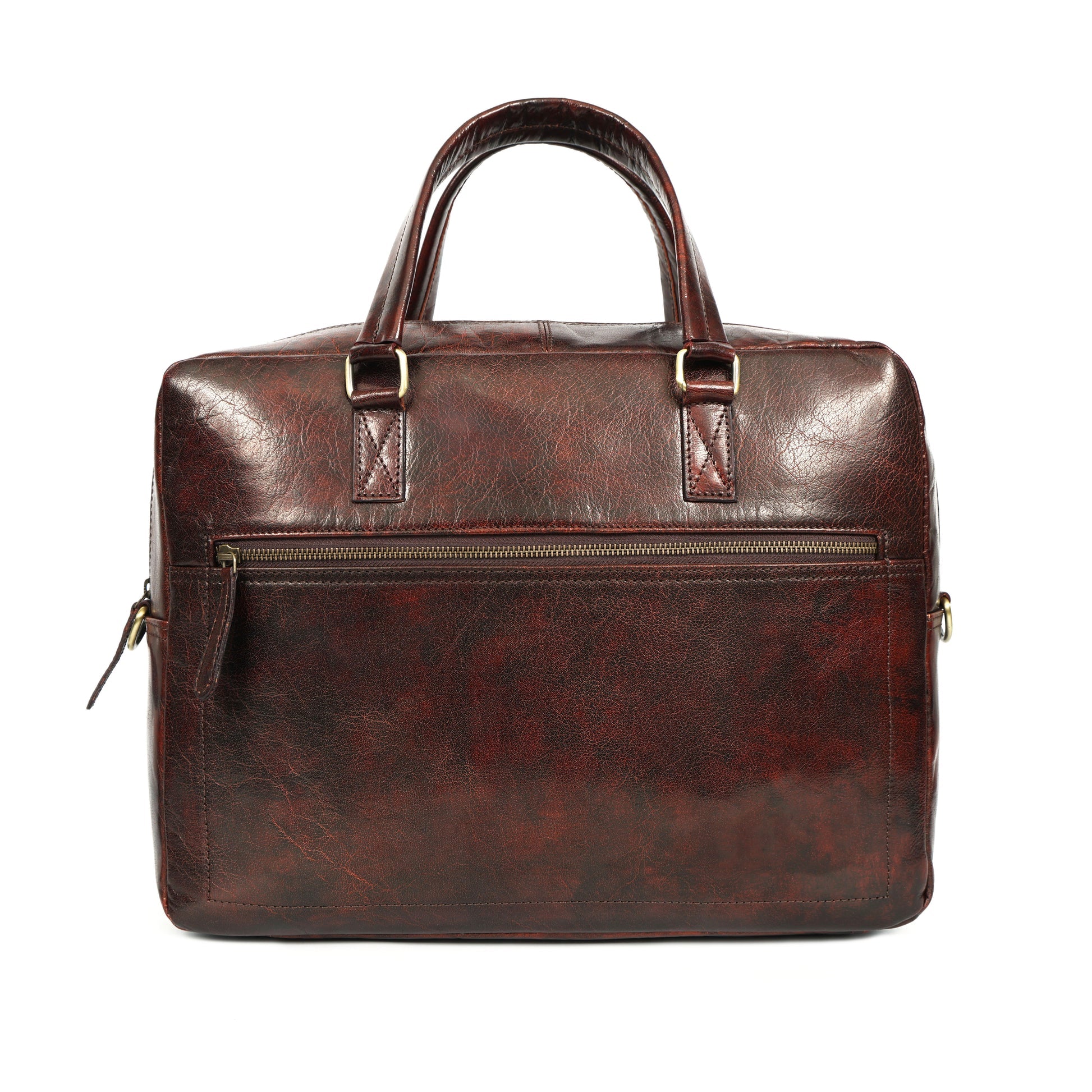 Premium Full Grain Leather Office Briefcase Laptop Bag with Zipper & Shoulder Strap
