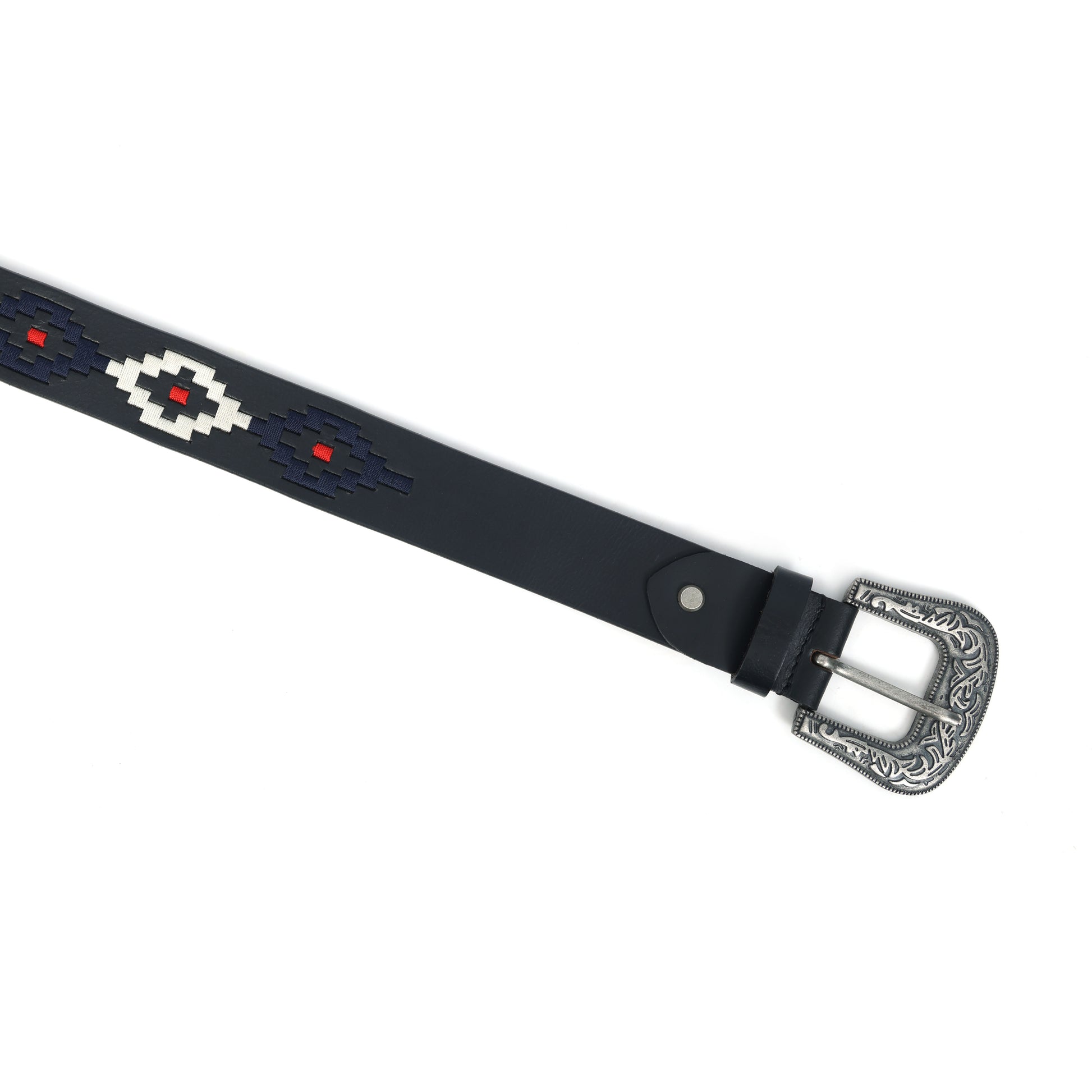 Unisex Handcrafted Black Leather Belt Aztec Pattern Antique Buckle Premium Artisan Accessory