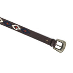 Unisex Handcrafted Ethnic Leather Belt With Geometric Fabric Inlay And Antique Metal Buckle