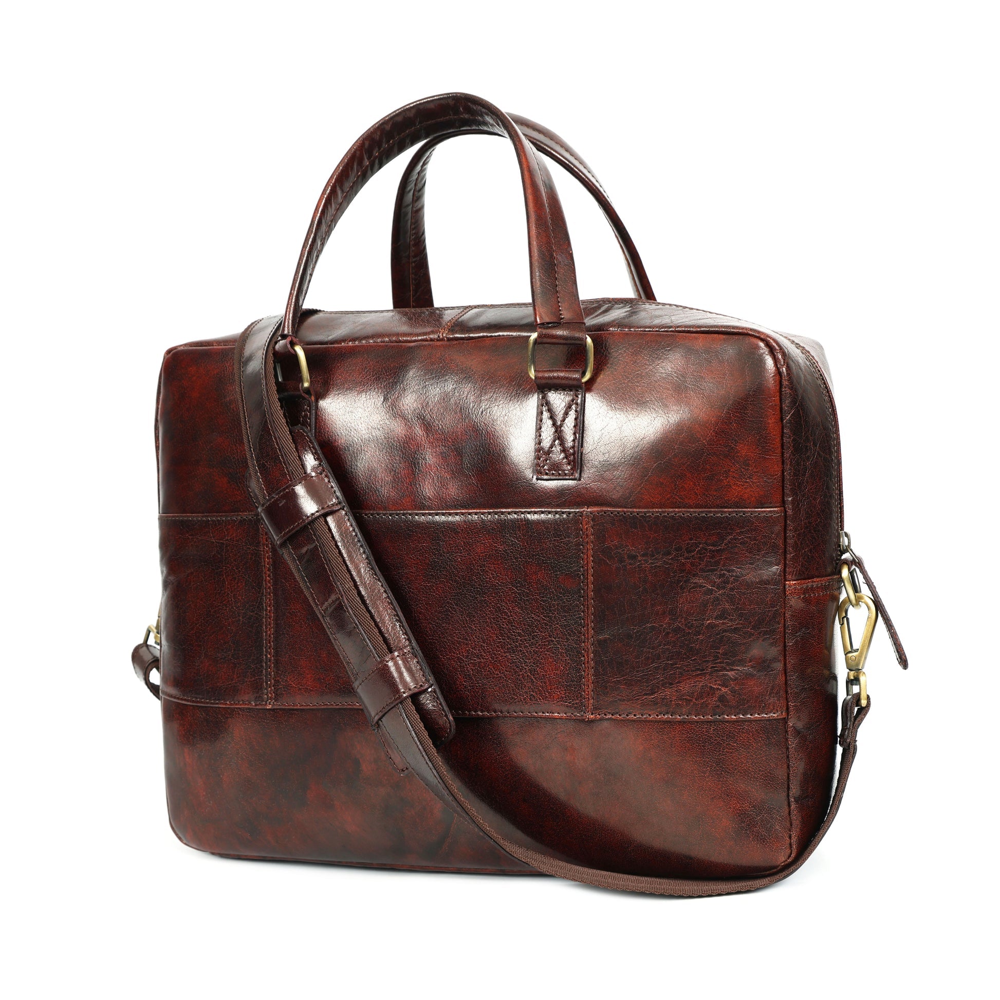 Premium Full Grain Leather Office Briefcase Laptop Bag with Zipper & Shoulder Strap