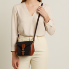 Women Leather Crossbody Sling Bag Black and Brown Croc Texture with Buckle Tab