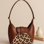 Brown Leather Shoulder Bag with Leopard-Print Hairon Panel – Elegant & Compact Handbag