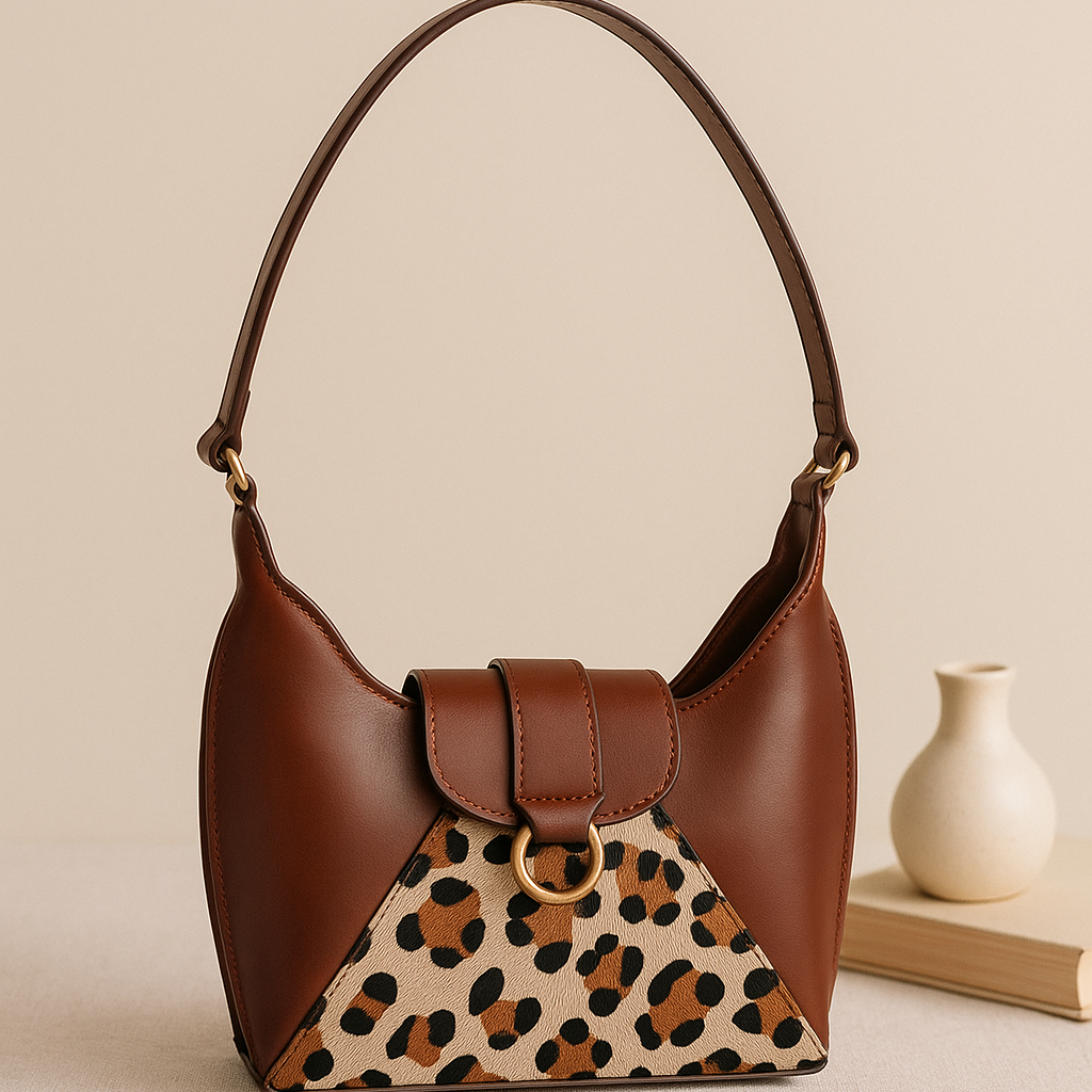 Brown Leather Shoulder Bag with Leopard-Print Hairon Panel – Elegant & Compact Handbag