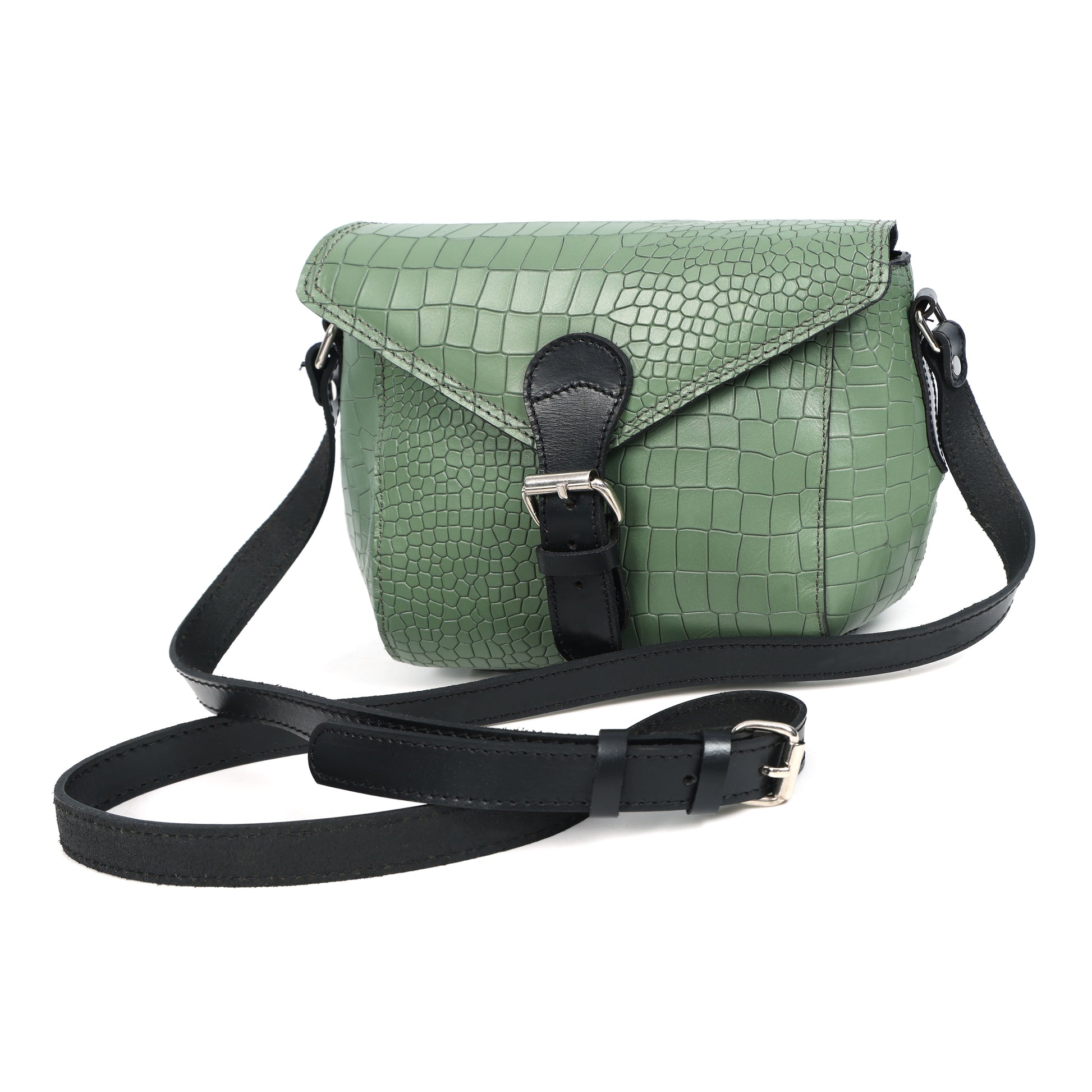 Croc-Texture Structured Crossbody Bag with Buckle Flap & Adjustable Strap