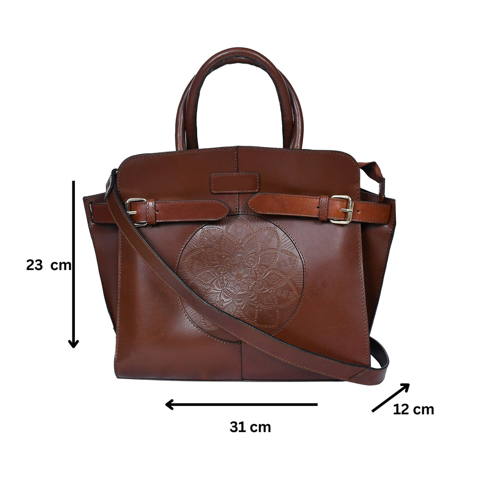 Premium Handcrafted Leather Satchel hand Bag with Embossed Front Panel