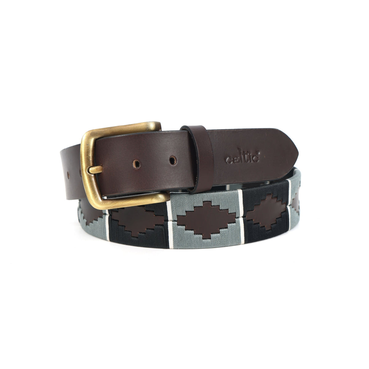 Unisex Handcrafted Brown Leather Belt With Grey Woven Inlay And Vintage Brass Buckle