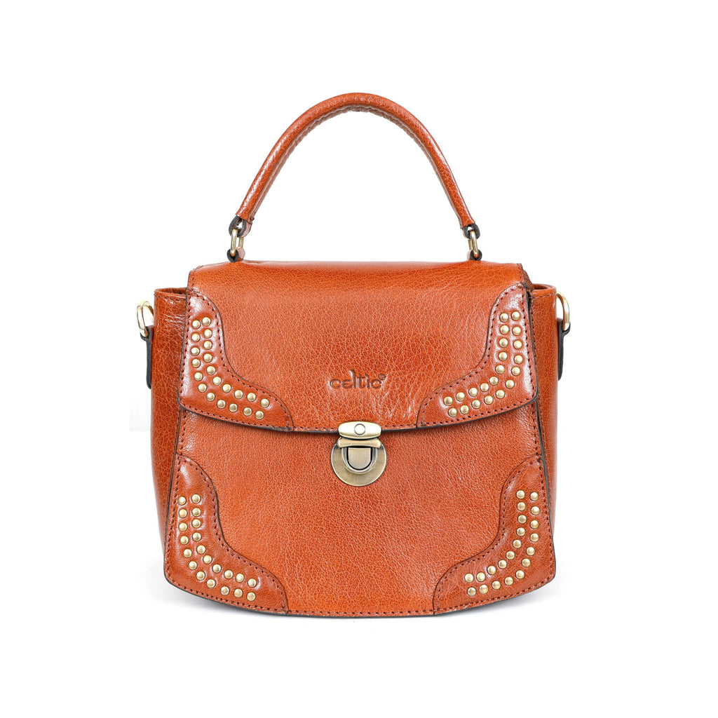 Premium Quality Designer Tan Leather Handbag with Adjustable Strap & Stud Detailing