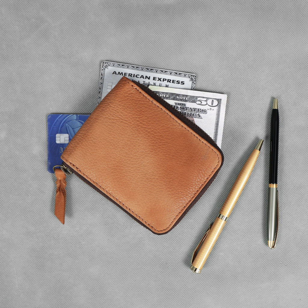 Celtic Genuine Leather Zip-Around Compact Wallet – Tan