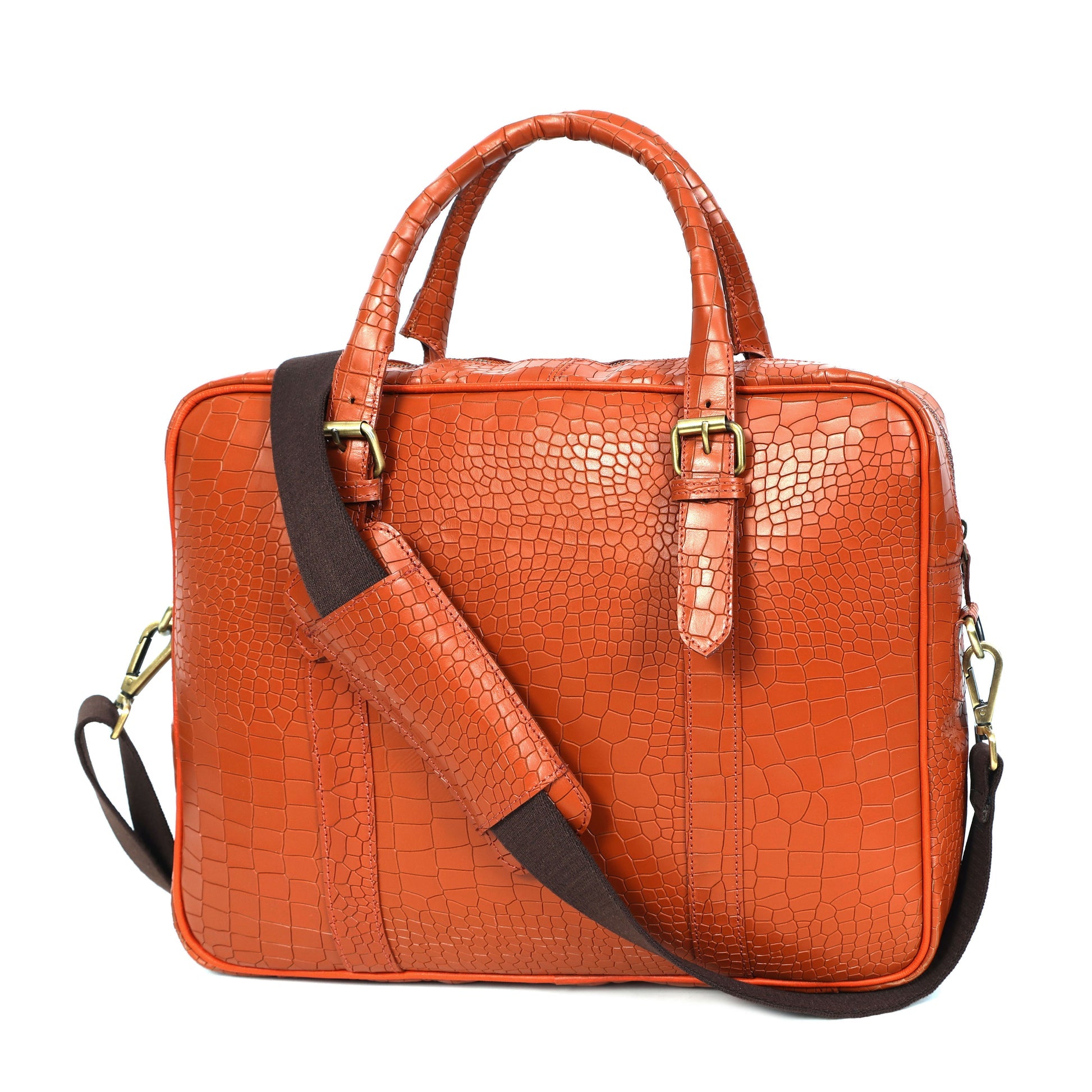 Premium Croc-Textured Black Leather Office Laptop Bag with Adjustable Shoulder Strap
