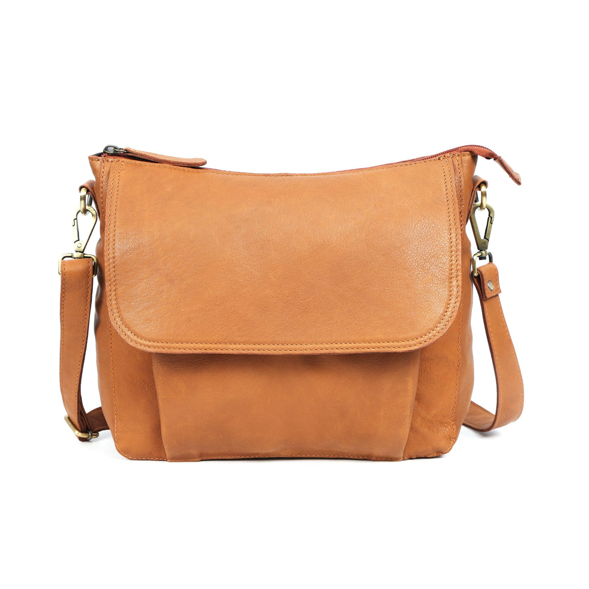 Premium Tan Leather Crossbody Messenger Bag with Multiple Zip Pockets & Adjustable Strap